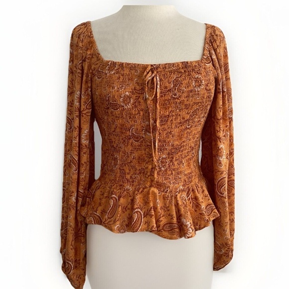 Patrons of Peace Boho puff sleeve marigold elastic smocked midriff blouse S NWT - Picture 1 of 8